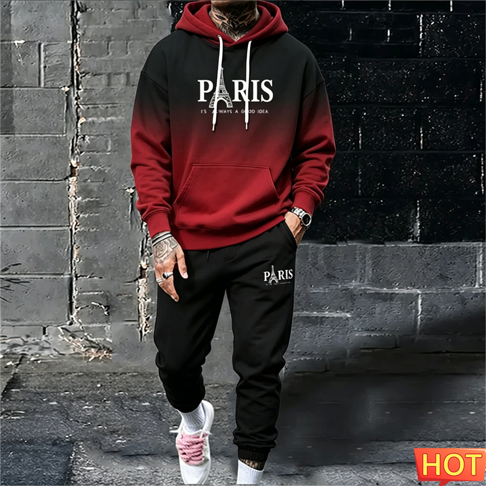 Y2K Winter Clothing - Autumn/Winter Men's Hoodie Set Paris Gradient